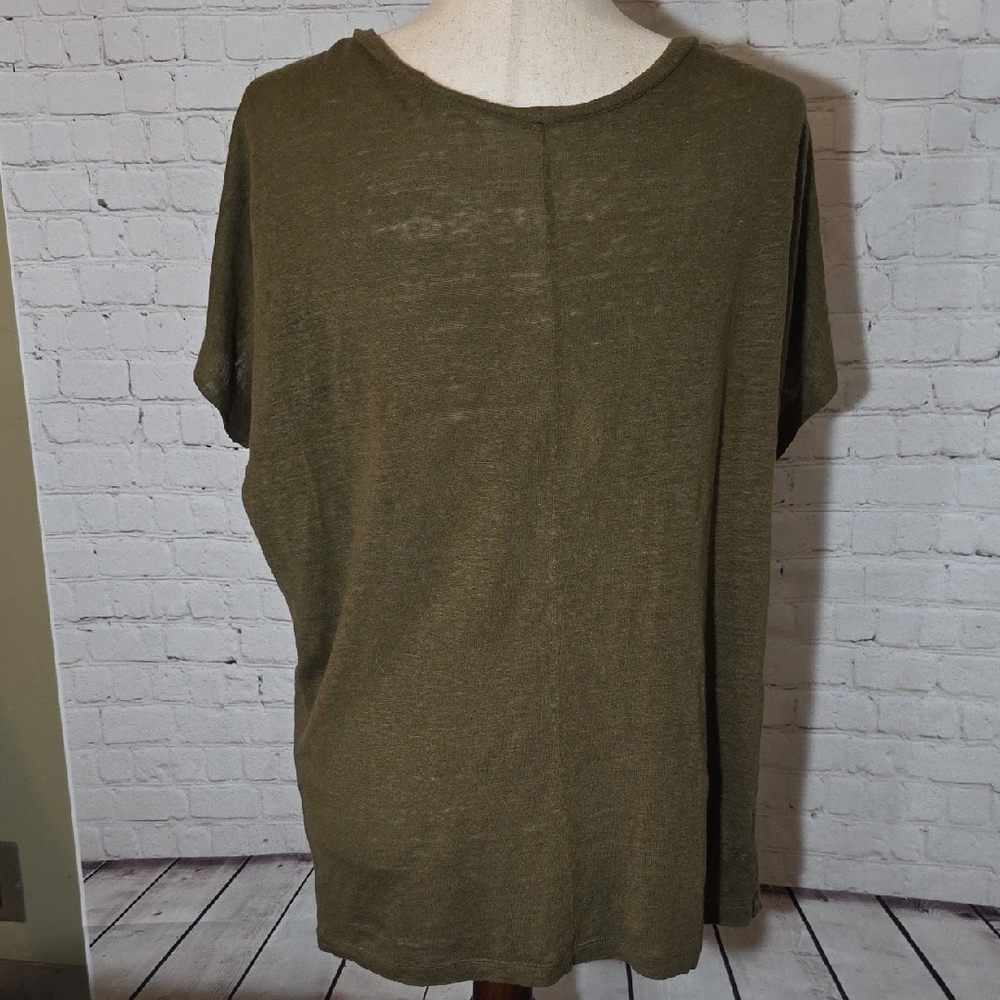 Eileen Fisher 100% Organic Linen V-Neck‎ Top Olive Green Slub Knit PM - Picture 5 of 7